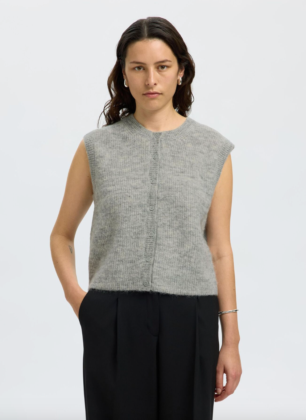 Selected Femme Lulu Button O-Neck Vest Grey Melange