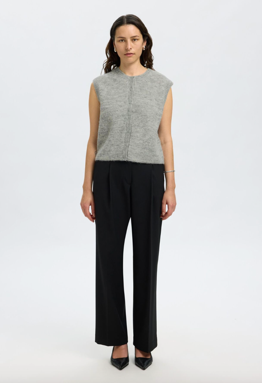 Selected Femme Lulu Button O-Neck Vest Grey Melange