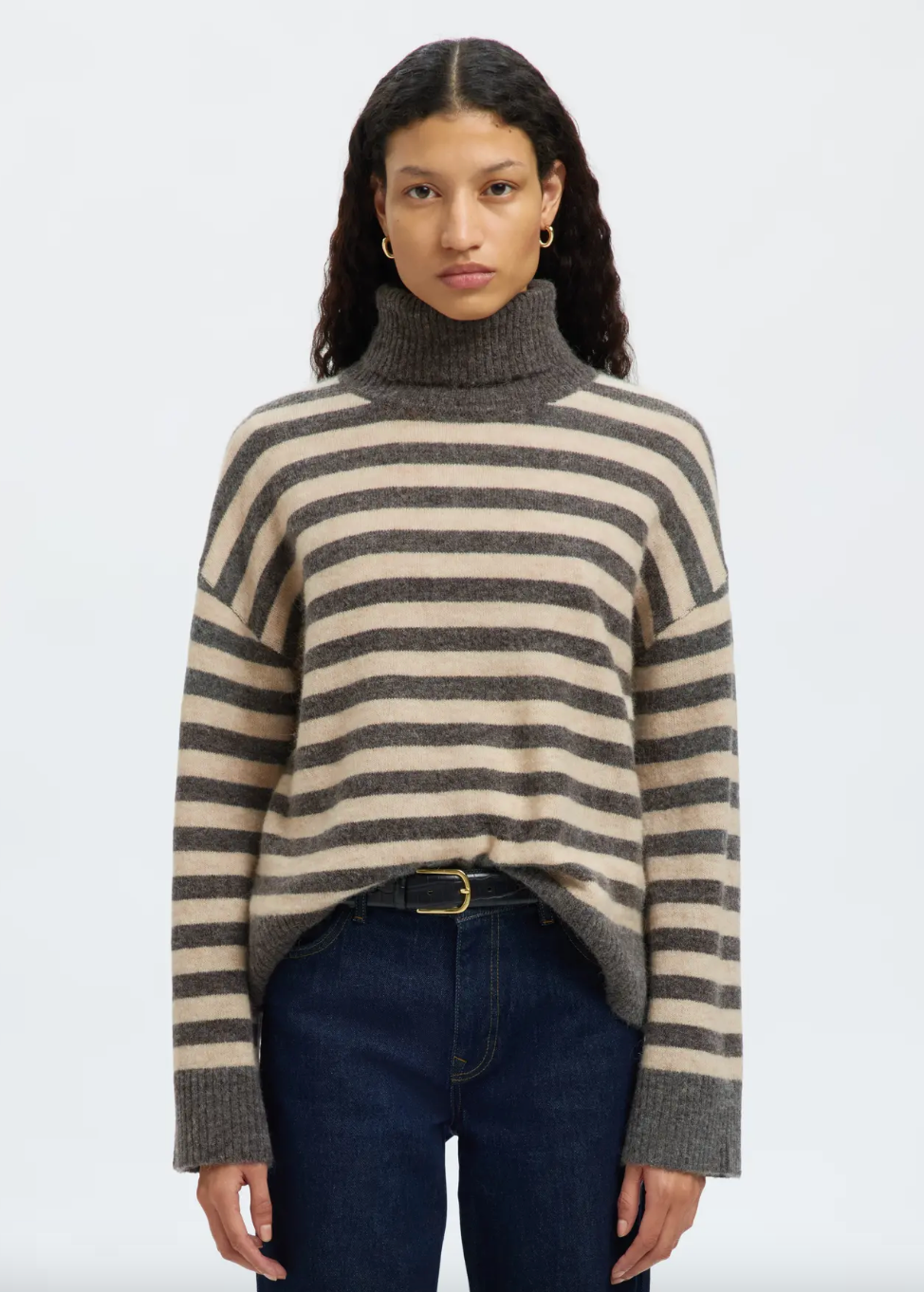 Selected Femme Lulu Knit Roll Neck Medium Grey Melange Birch Stripe