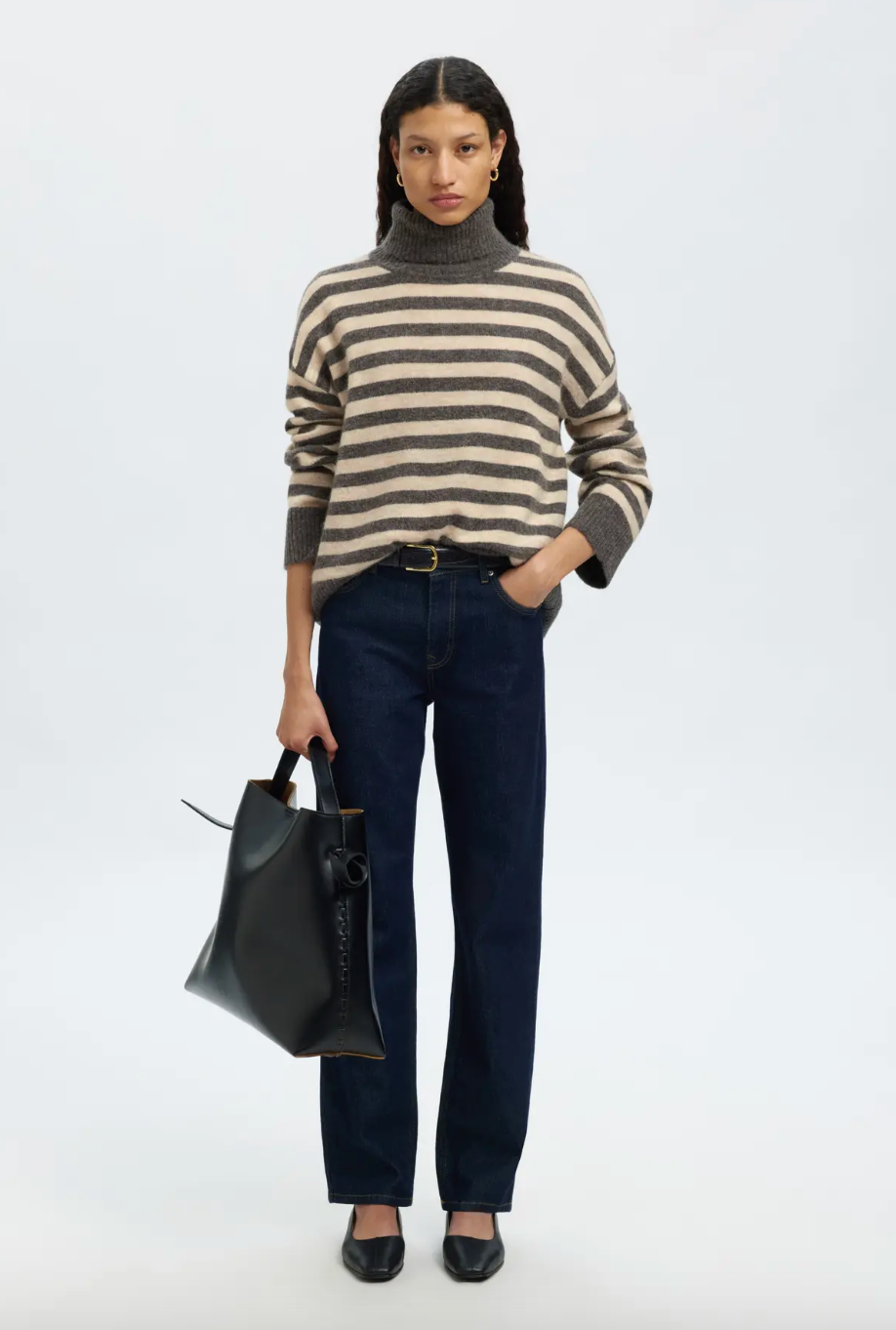 Selected Femme Lulu Knit Roll Neck Medium Grey Melange Birch Stripe