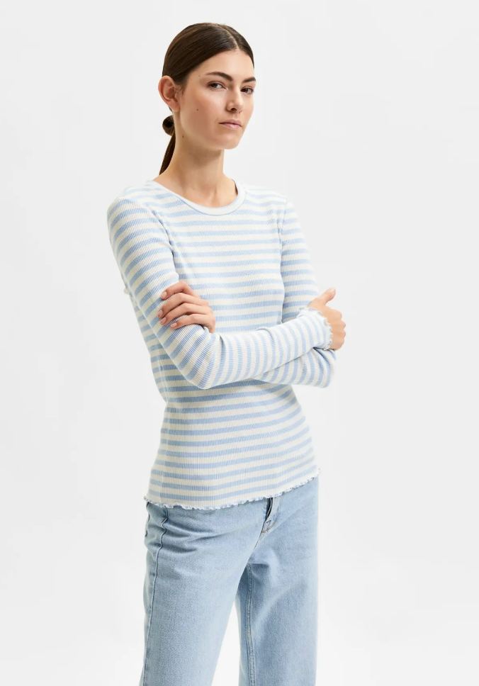 Selected Femme Anna Crew Neck Striped Cashmere Blue