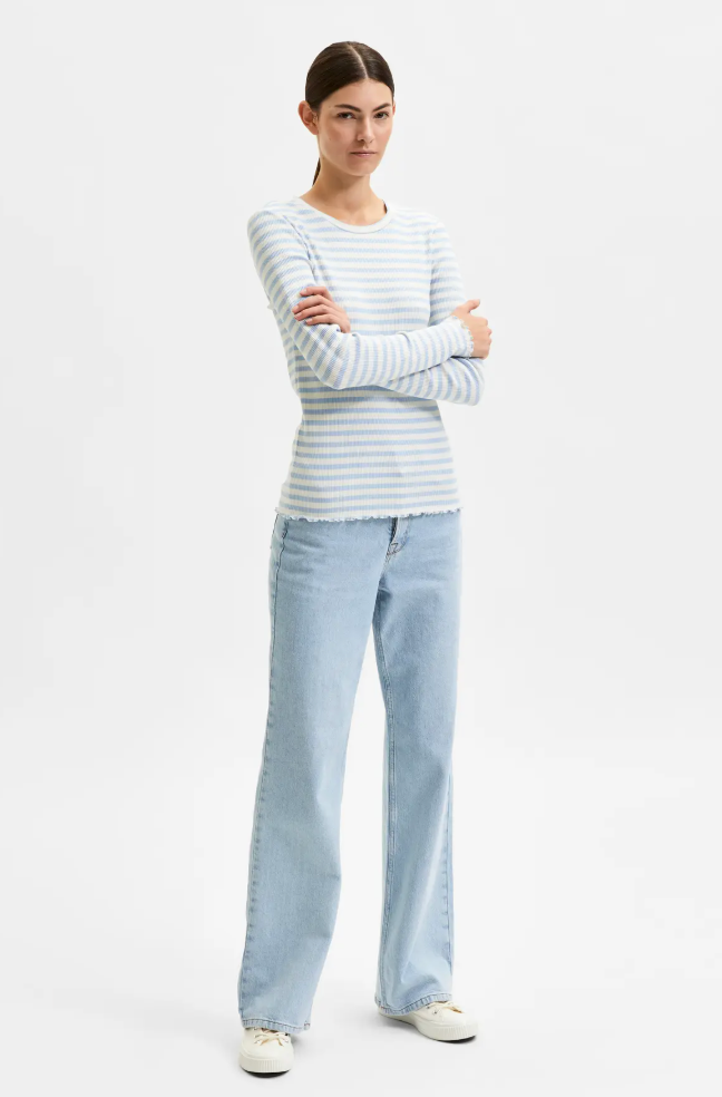 Selected Femme Anna Crew Neck Striped Cashmere Blue