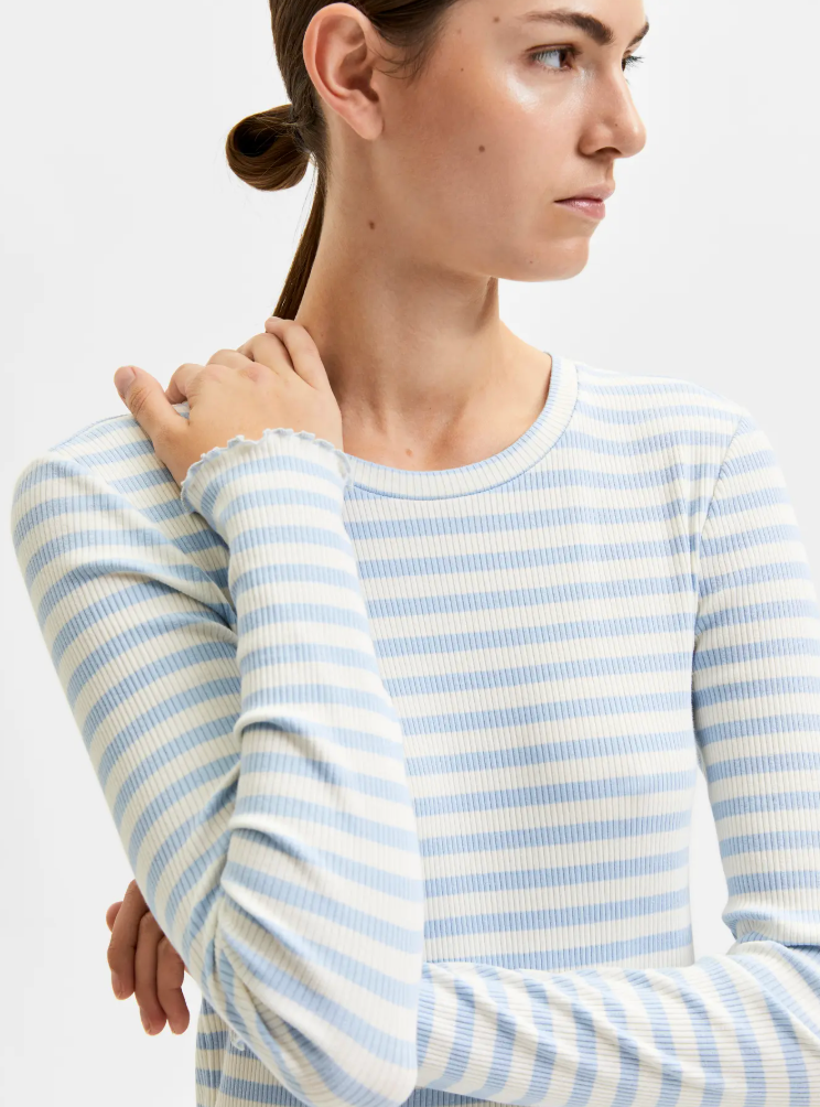Selected Femme Anna Crew Neck Striped Cashmere Blue