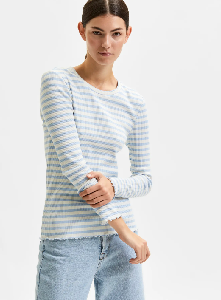 Selected Femme Anna Crew Neck Striped Cashmere Blue